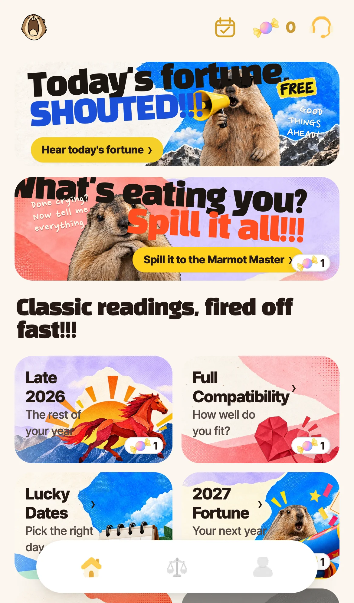Shouting Mamot mobile home screen: today’s fortune and ask-anything banners