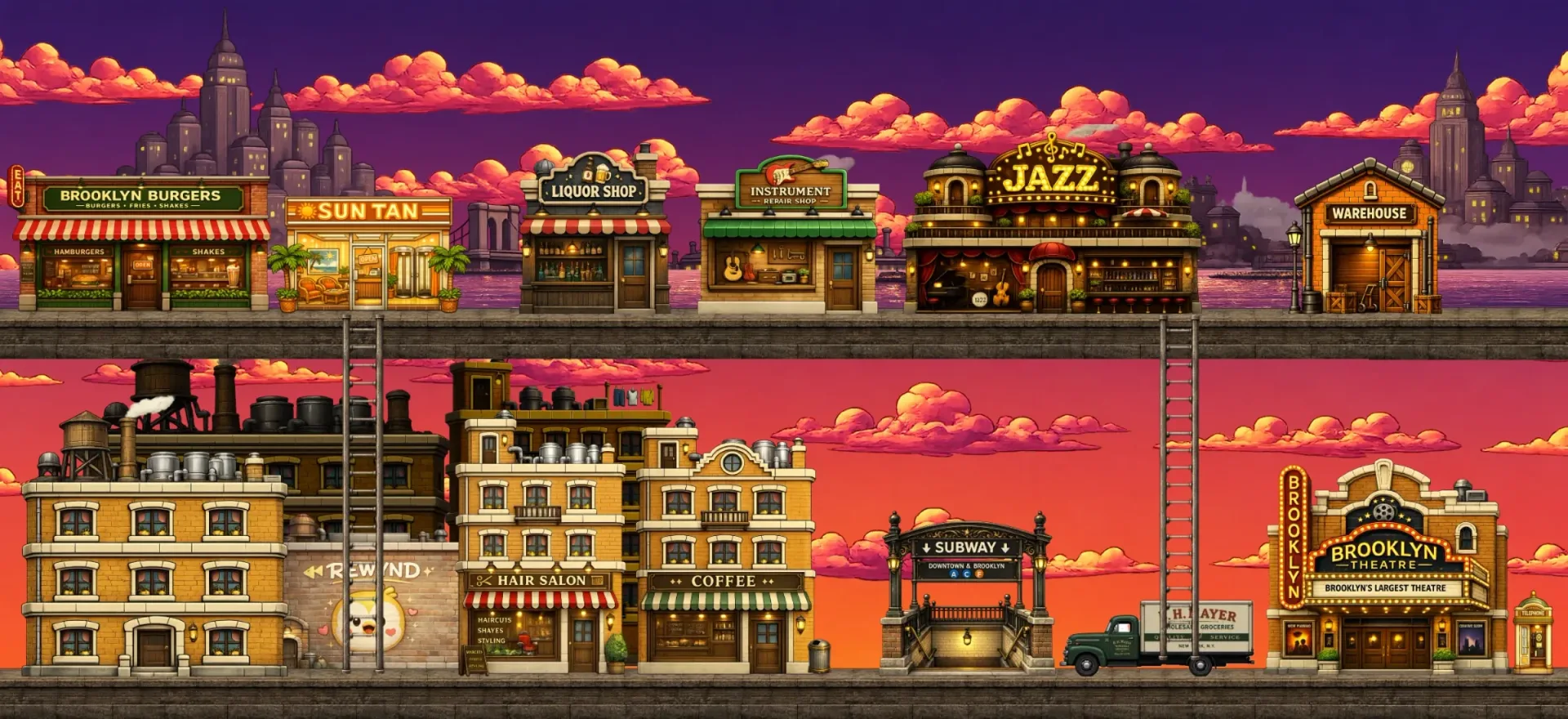 Pixel art of the 1950s Brooklyn jazz town in the REWYND game