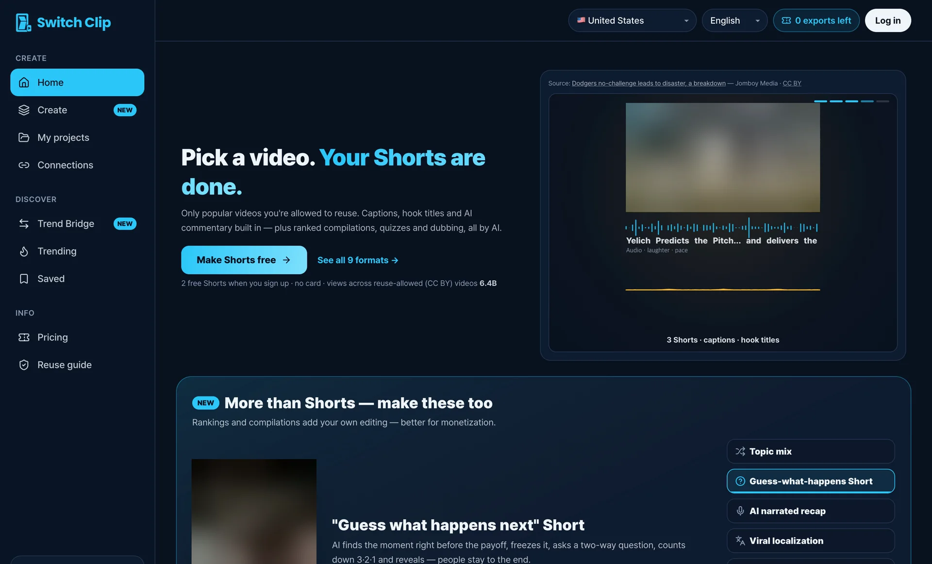 SwitchClip home: the claim that you pick a video and the Shorts are done, the free button, and the nine formats