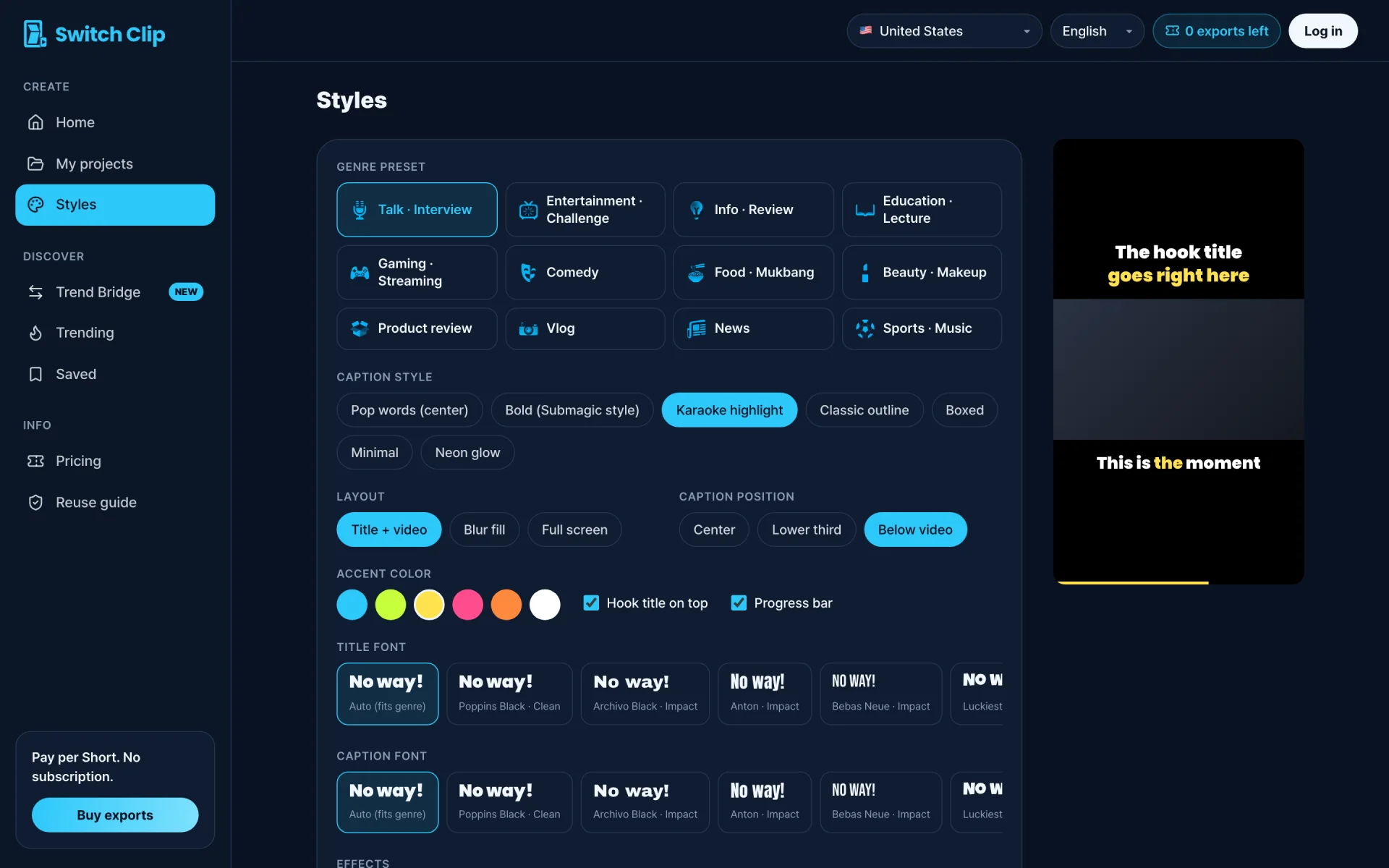 SwitchClip styles screen: genre presets, caption styles and a vertical short preview