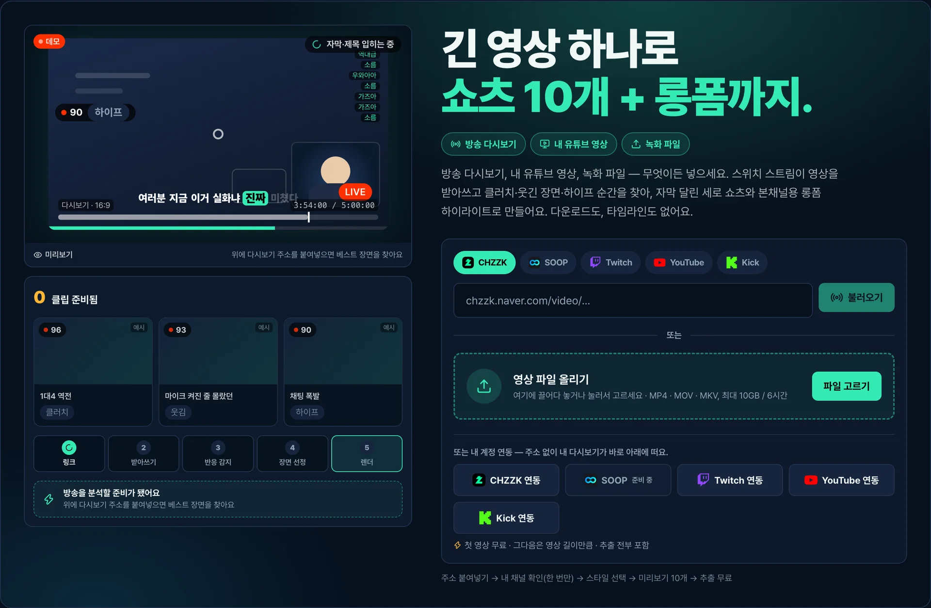 Switch Stream 첫 화면: 긴 영상 하나로 쇼츠 10개와 롱폼까지라는 문구, 다시보기 주소 칸, 영상 파일 올리기, 계정 연동, 그리고 장면을 찾는 데모