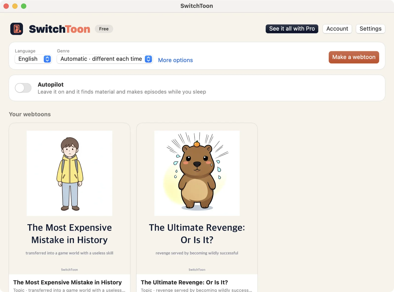SwitchToon Mac app: the make-a-webtoon button and a list of finished webtoons